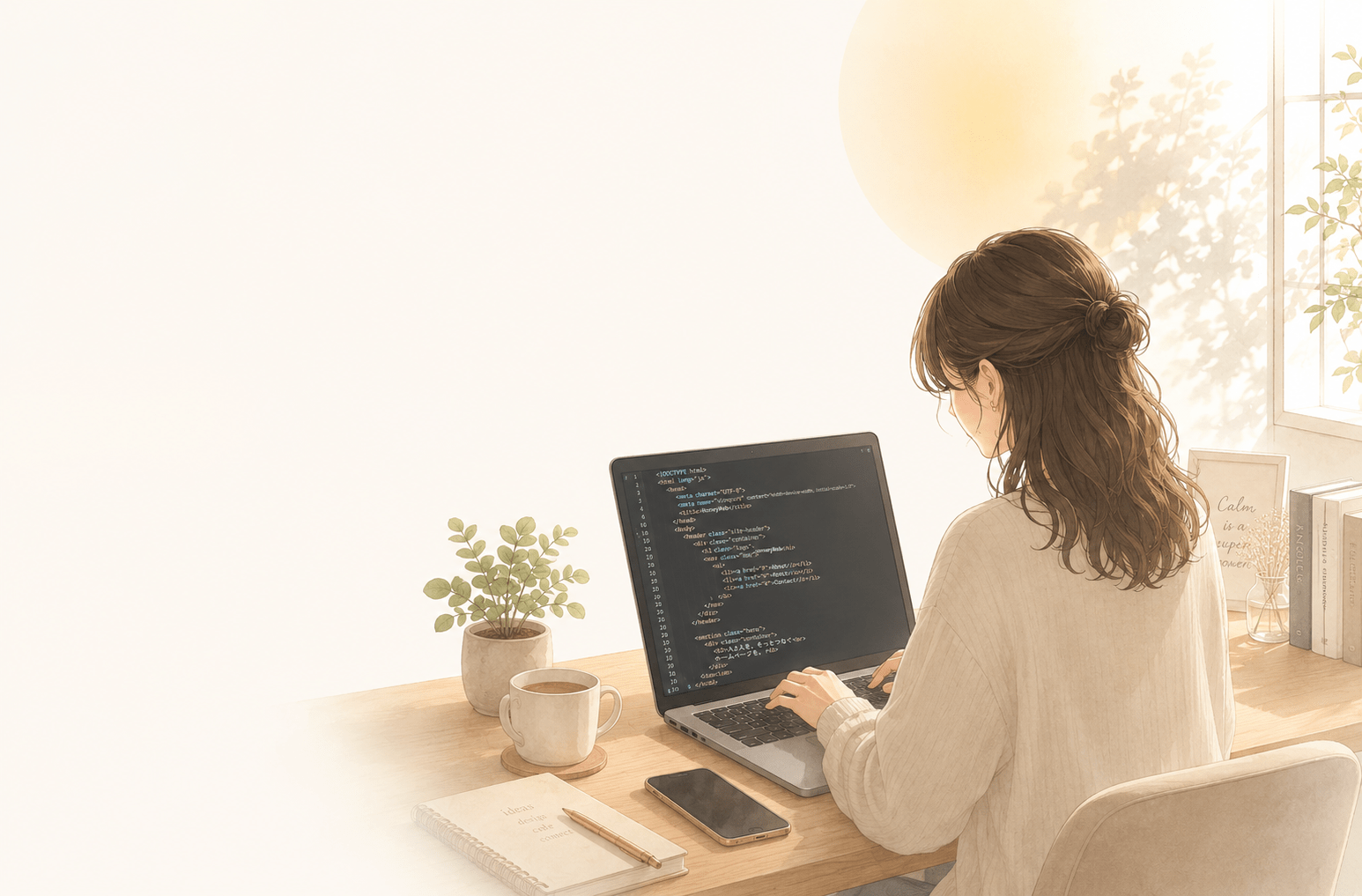 窓辺の机でノートパソコンに向かい、コーディングをしている様子のイラスト